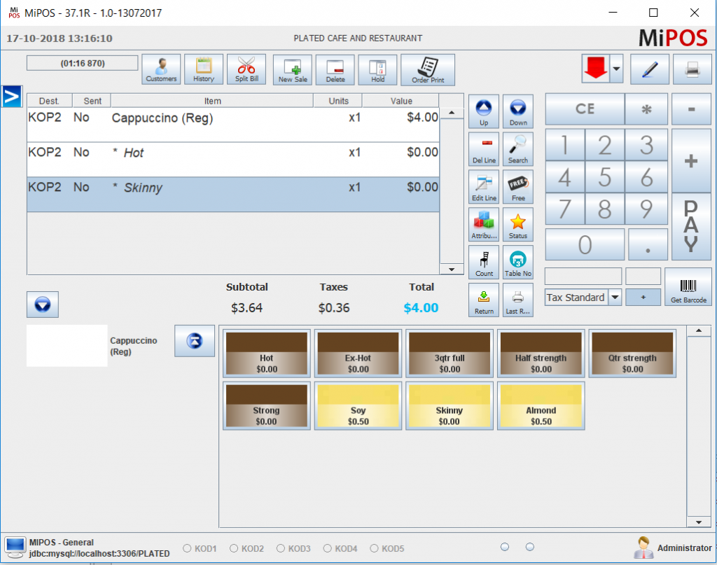 Cafe POS System - Coffee Options